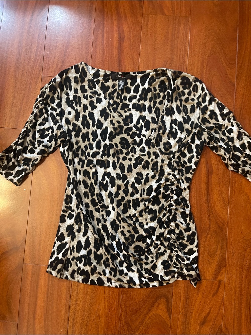 Style & Co. Leopard Print V-Neck Ruched Side Top - Black & Cream